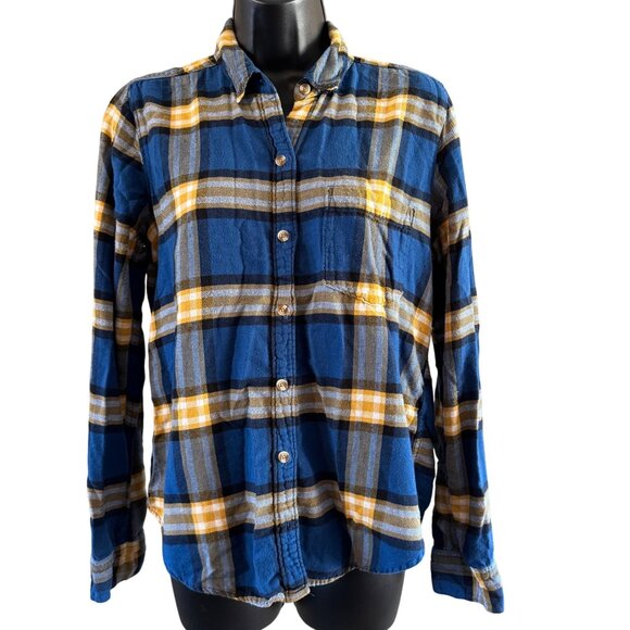 Abercrombie & Fitch Womens Shirt M Blue Yellow Plaid Button-Up Flannel - Picture 1 of 6